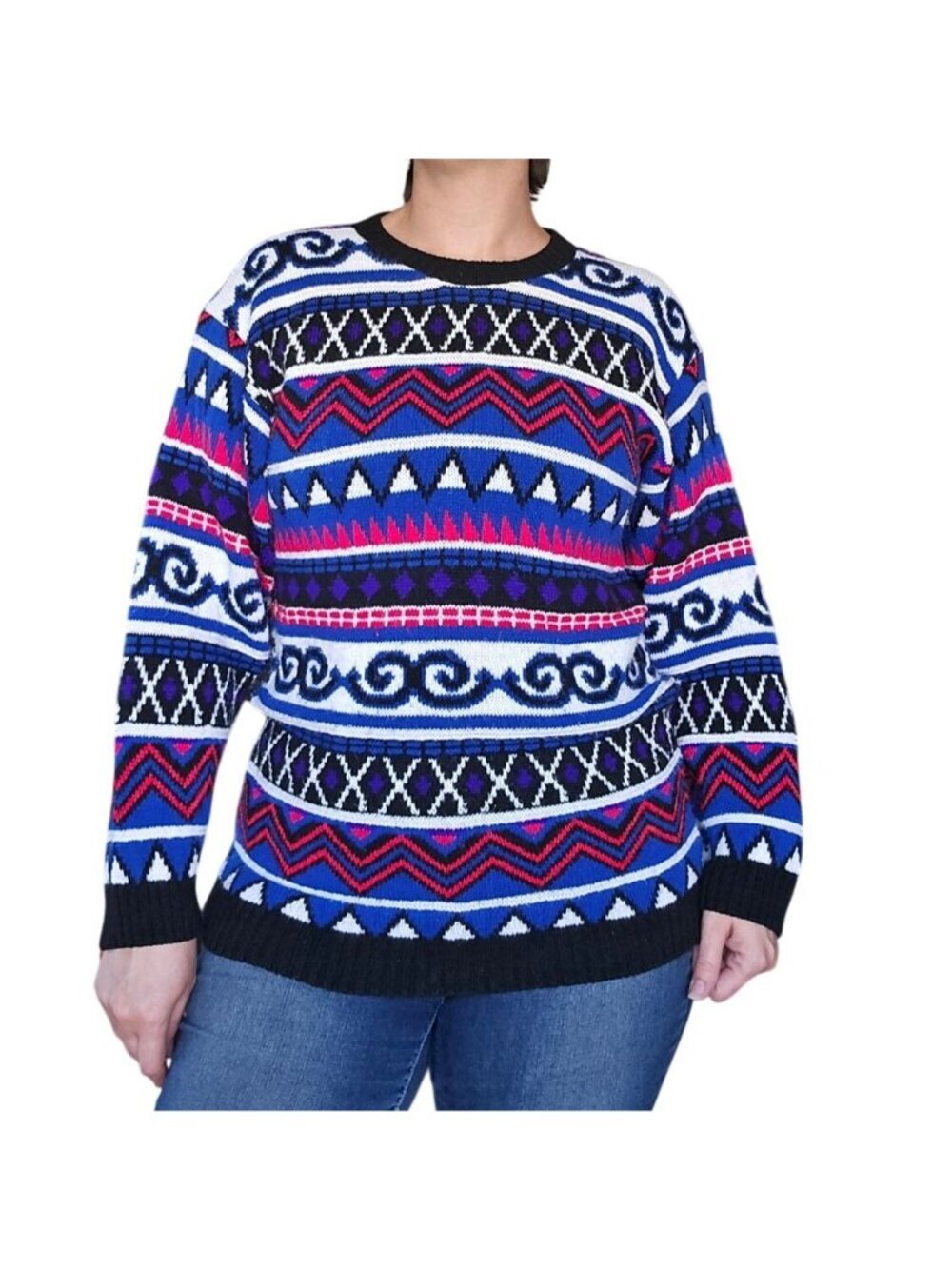 Vintage 80s Cuddle Knit Sweater Blue Red White Men Size S Cosby Retro Winter